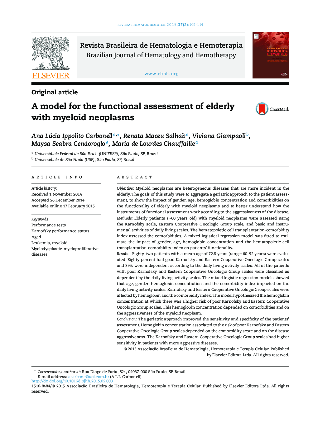 A model for the functional assessment of elderly with myeloid neoplasms