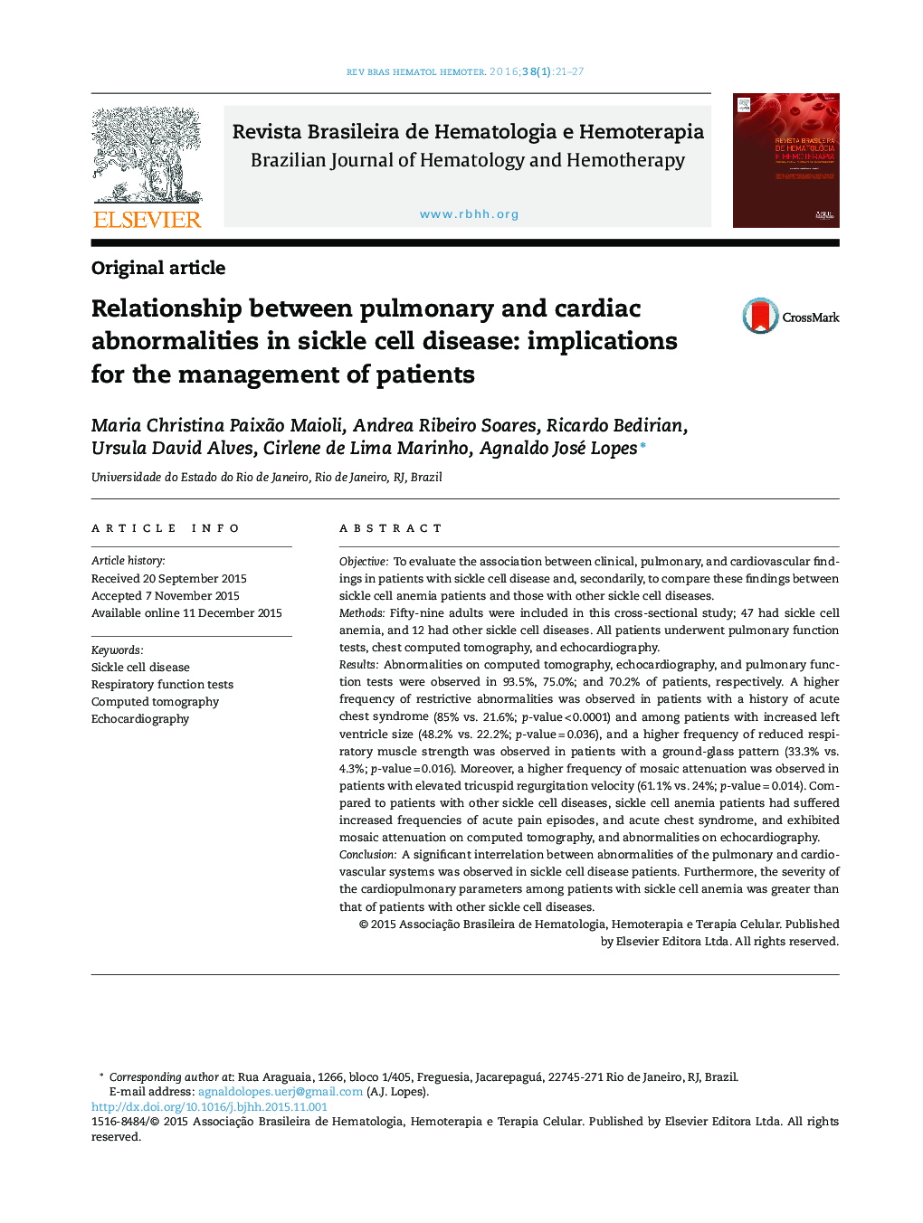 Relationship between pulmonary and cardiac abnormalities in sickle cell disease: implications for the management of patients