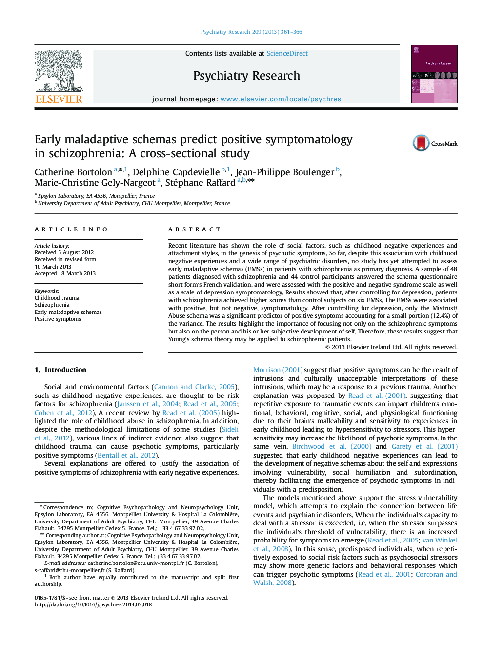 Early maladaptive schemas predict positive symptomatology in schizophrenia: A cross-sectional study