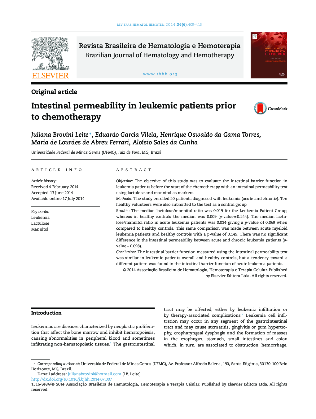 Intestinal permeability in leukemic patients prior to chemotherapy
