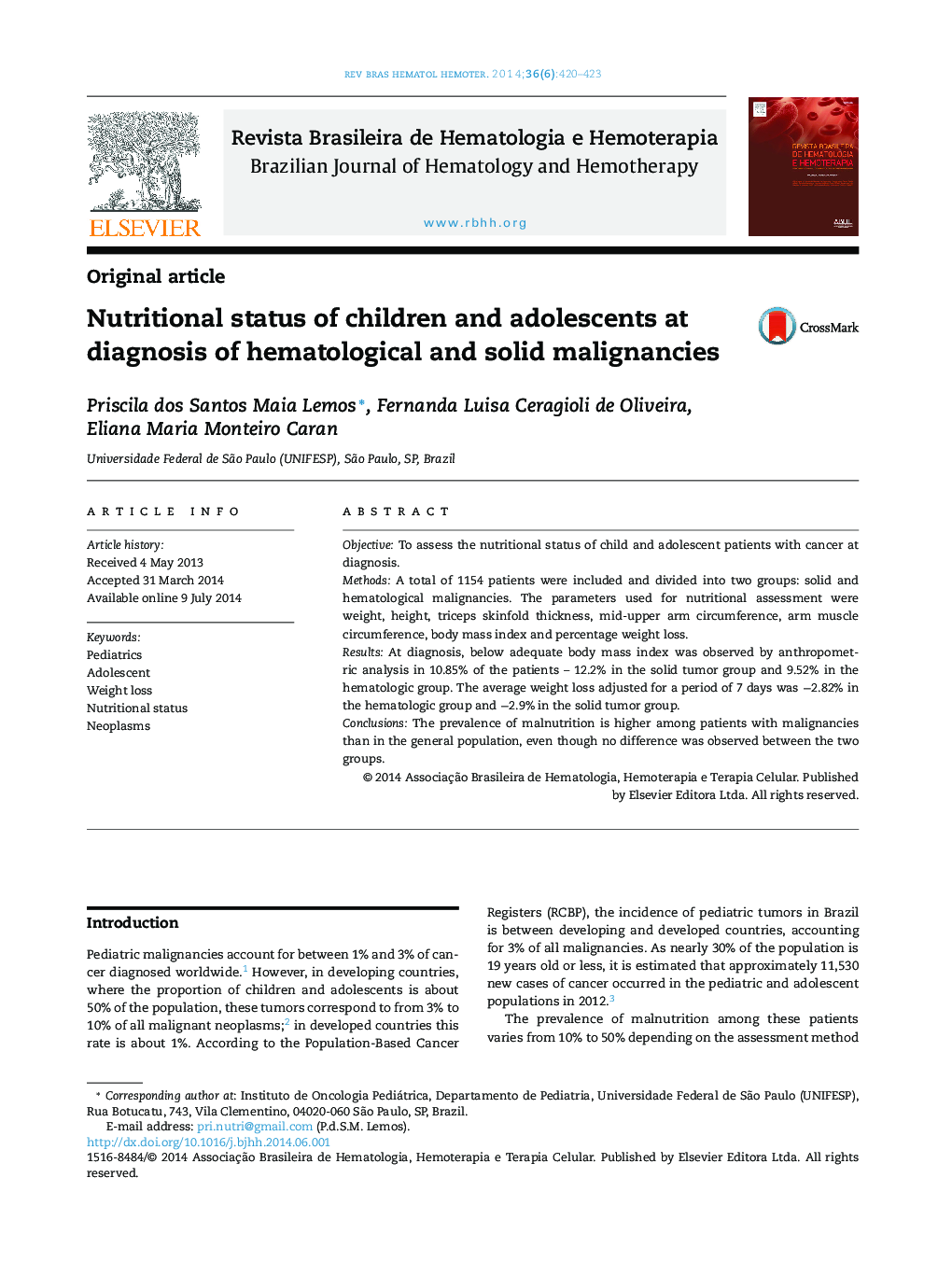 Nutritional status of children and adolescents at diagnosis of hematological and solid malignancies