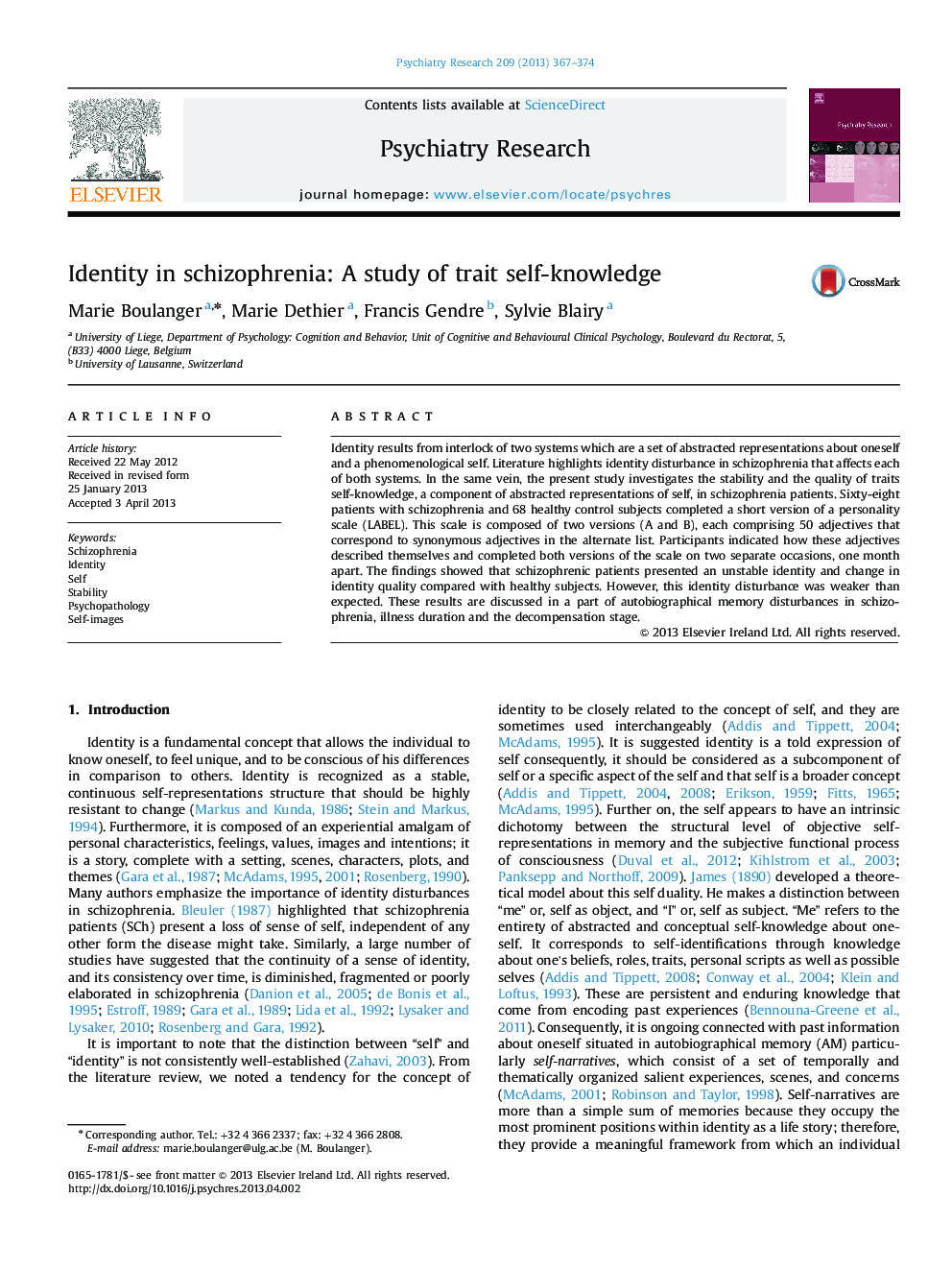 Identity in schizophrenia: A study of trait self-knowledge