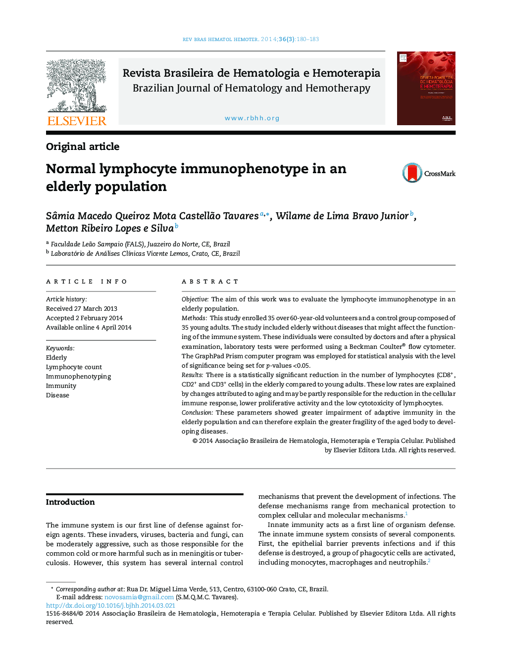 Normal lymphocyte immunophenotype in an elderly population