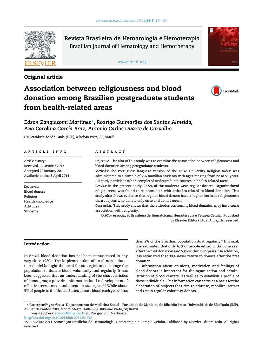 Association between religiousness and blood donation among Brazilian postgraduate students from health-related areas