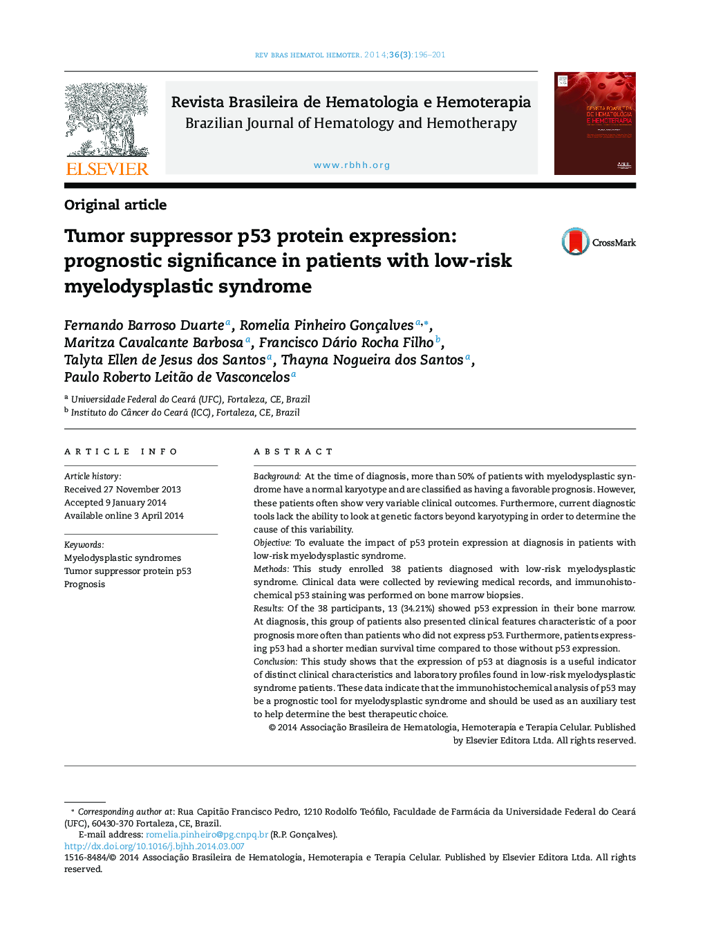 Tumor suppressor p53 protein expression: prognostic significance in patients with low-risk myelodysplastic syndrome