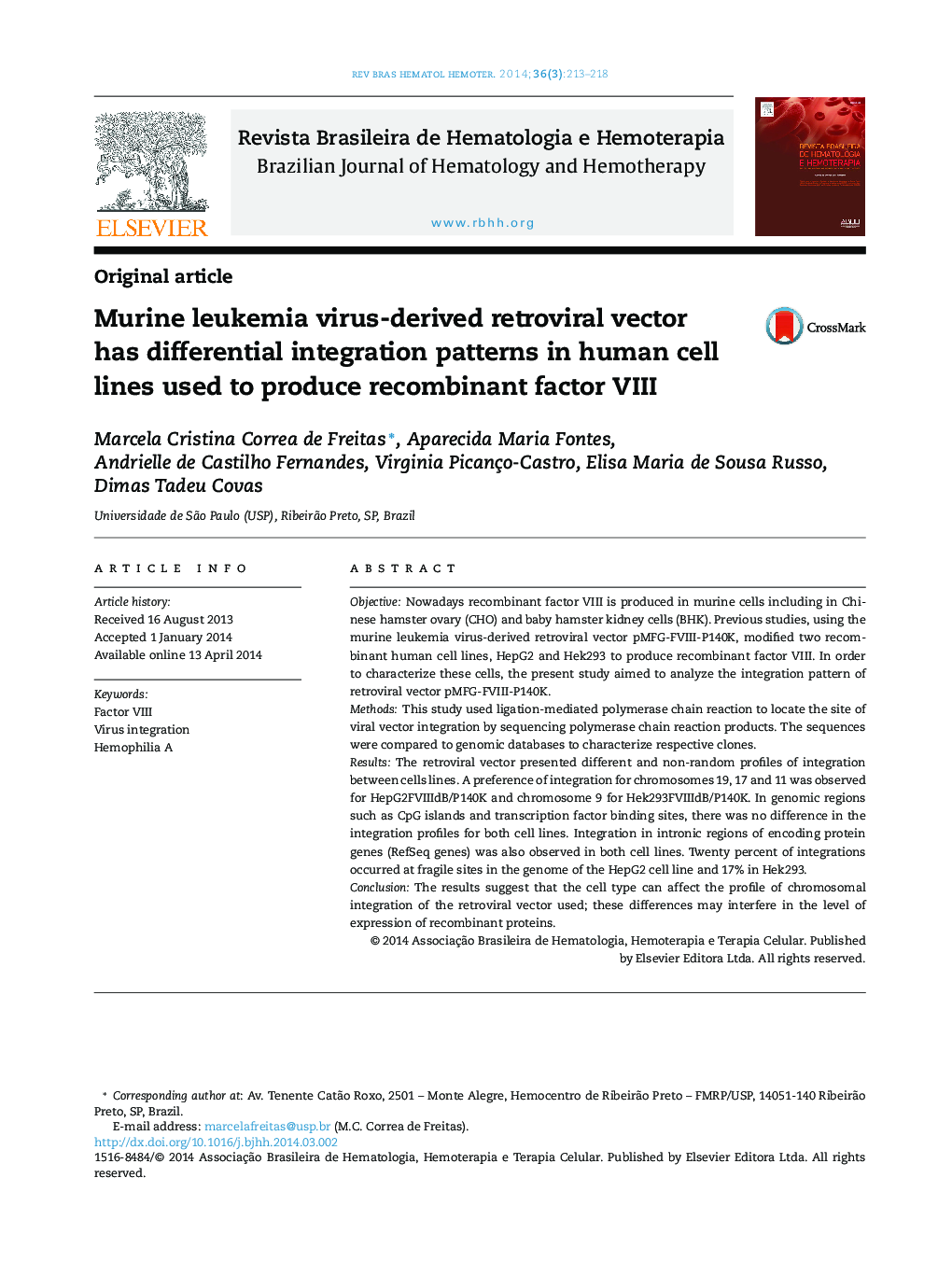Murine leukemia virus-derived retroviral vector has differential integration patterns in human cell lines used to produce recombinant factor VIII