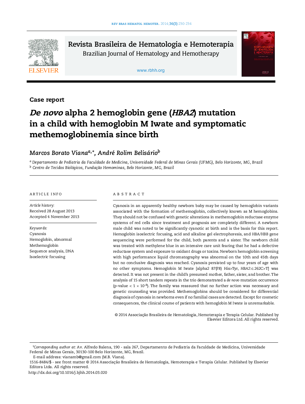 De novo alpha 2 hemoglobin gene (HBA2) mutation in a child with hemoglobin M Iwate and symptomatic methemoglobinemia since birth