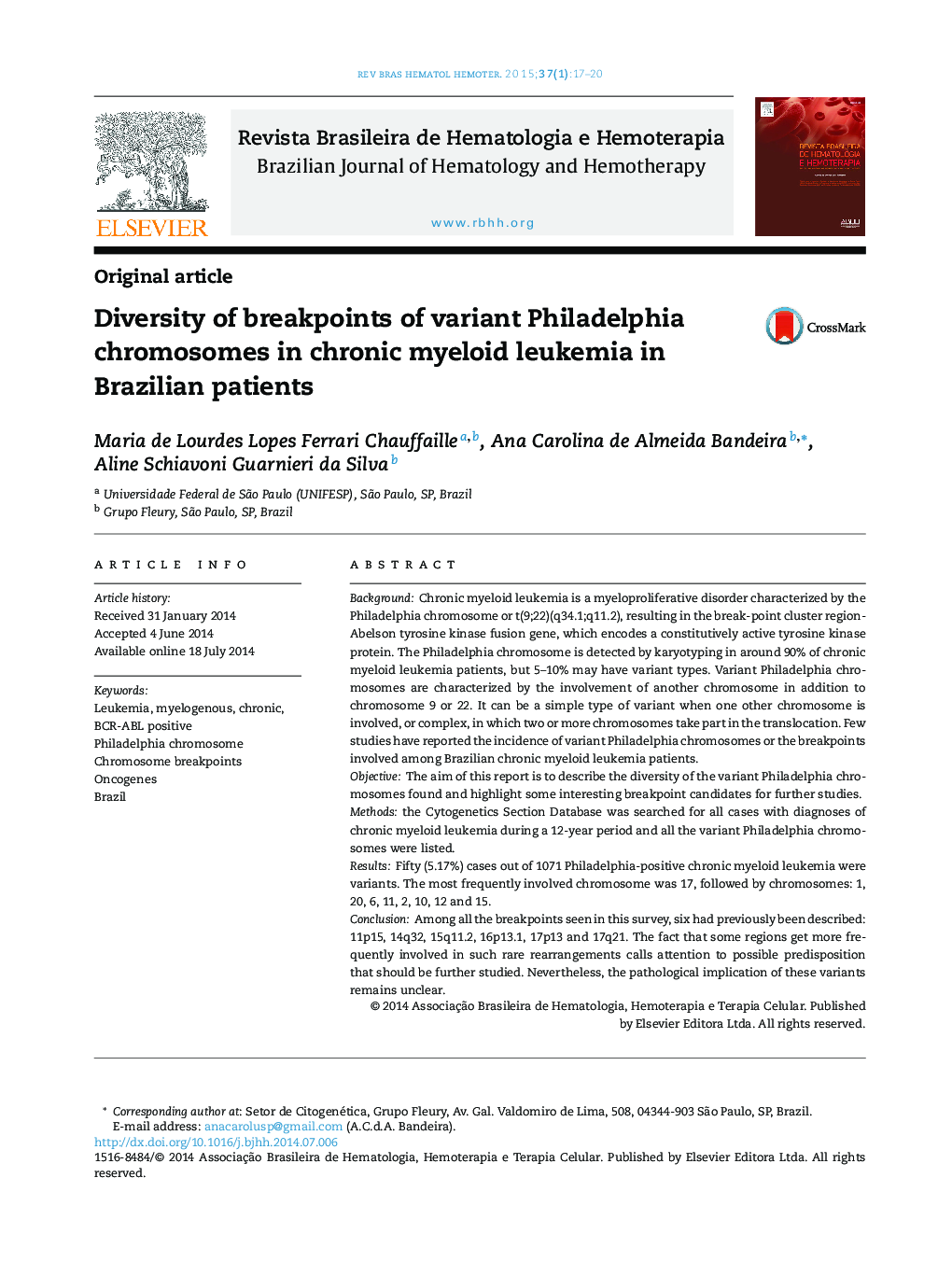 Diversity of breakpoints of variant Philadelphia chromosomes in chronic myeloid leukemia in Brazilian patients