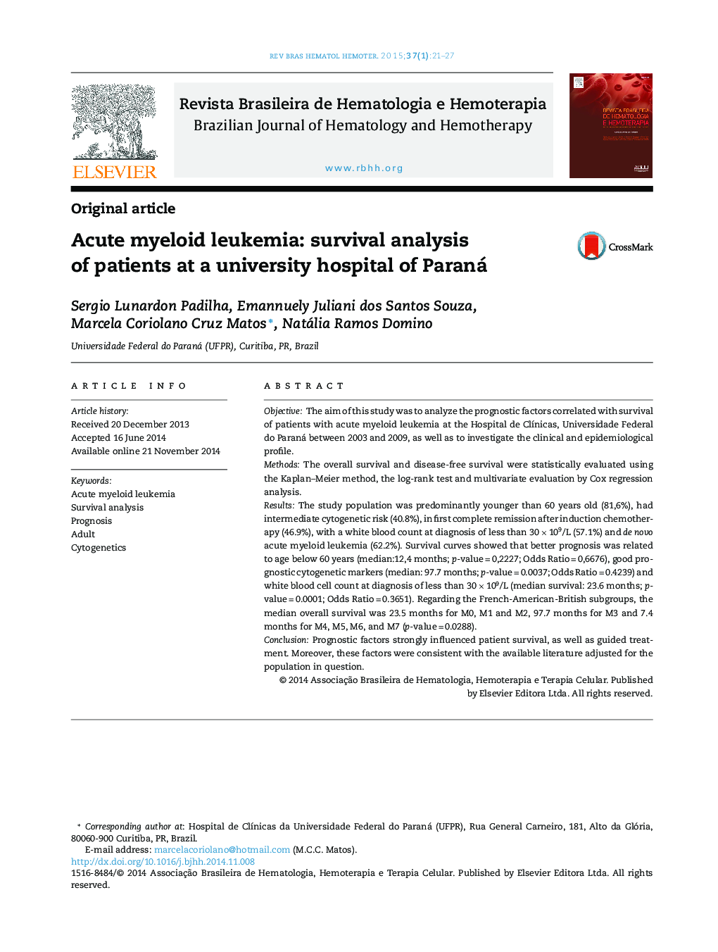 Acute myeloid leukemia: survival analysis of patients at a university hospital of Paraná