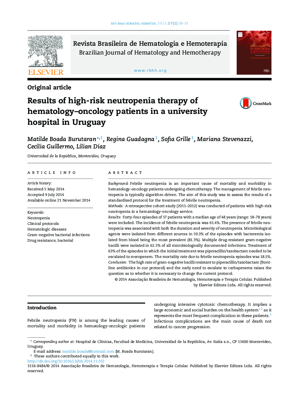 نتایج درمان نوتروپنی بالا در بیماران هماتولوژیک در بیمارستان دانشگاه اروگوئه 