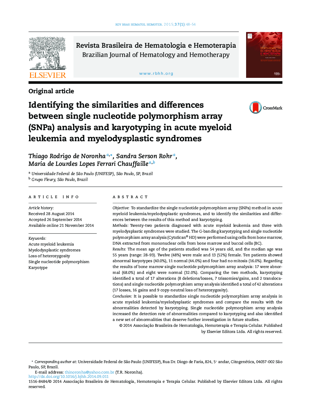 Identifying the similarities and differences between single nucleotide polymorphism array (SNPa) analysis and karyotyping in acute myeloid leukemia and myelodysplastic syndromes