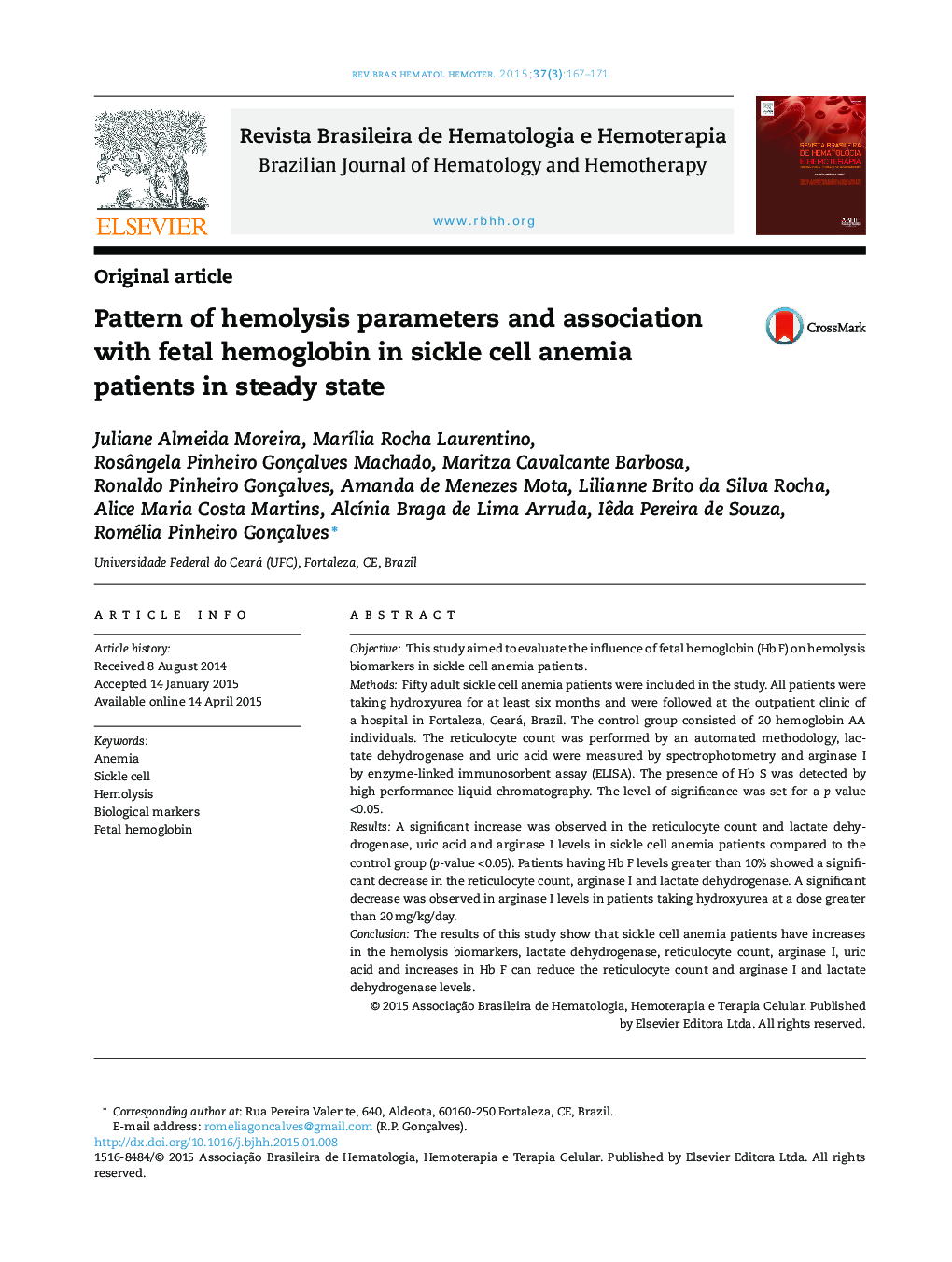 Pattern of hemolysis parameters and association with fetal hemoglobin in sickle cell anemia patients in steady state