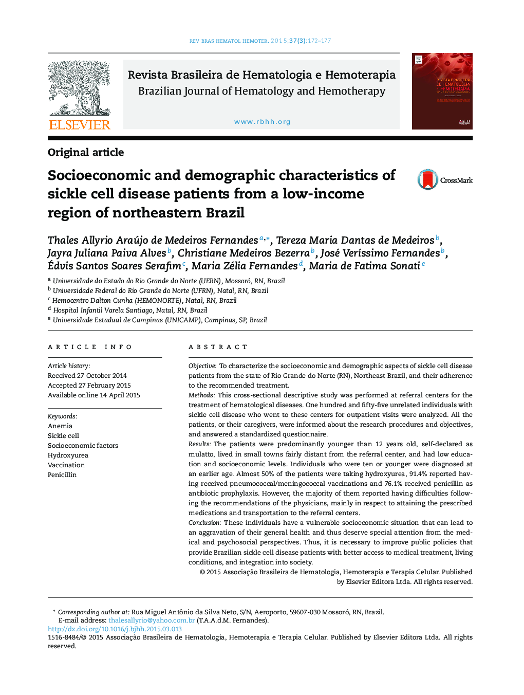 Socioeconomic and demographic characteristics of sickle cell disease patients from a low-income region of northeastern Brazil