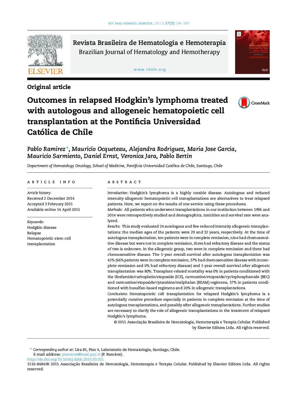 Outcomes in relapsed Hodgkin's lymphoma treated with autologous and allogeneic hematopoietic cell transplantation at the Pontificia Universidad Católica de Chile
