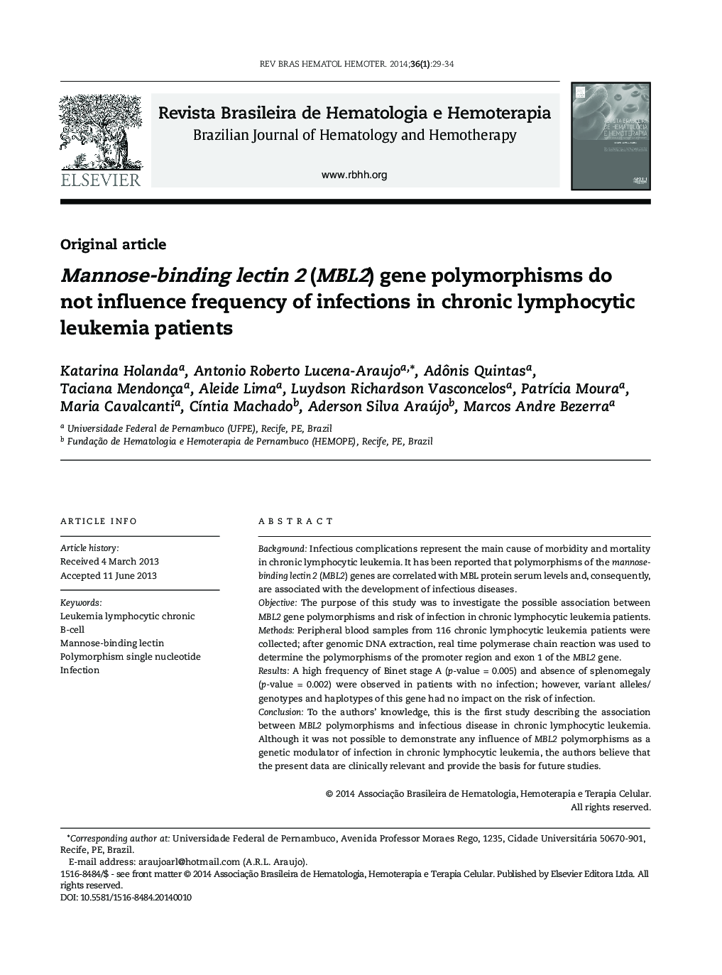 Mannose-binding lectin 2 (MBL2) gene polymorphisms do not influence frequency of infections in chronic lymphocytic leukemia patients