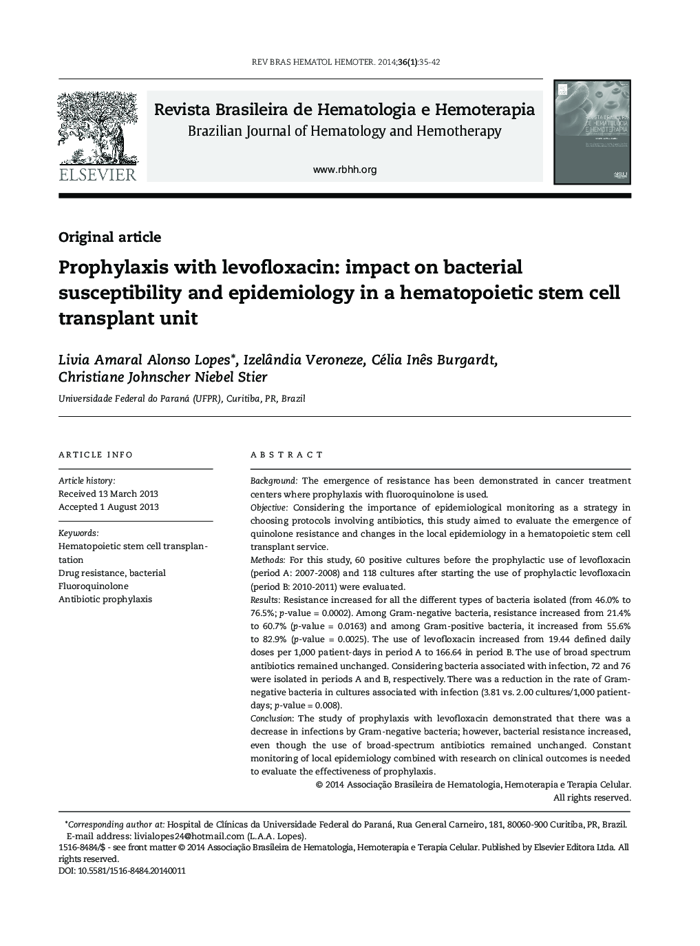 Prophylaxis with levofloxacin: impact on bacterial susceptibility and epidemiology in a hematopoietic stem cell transplant unit
