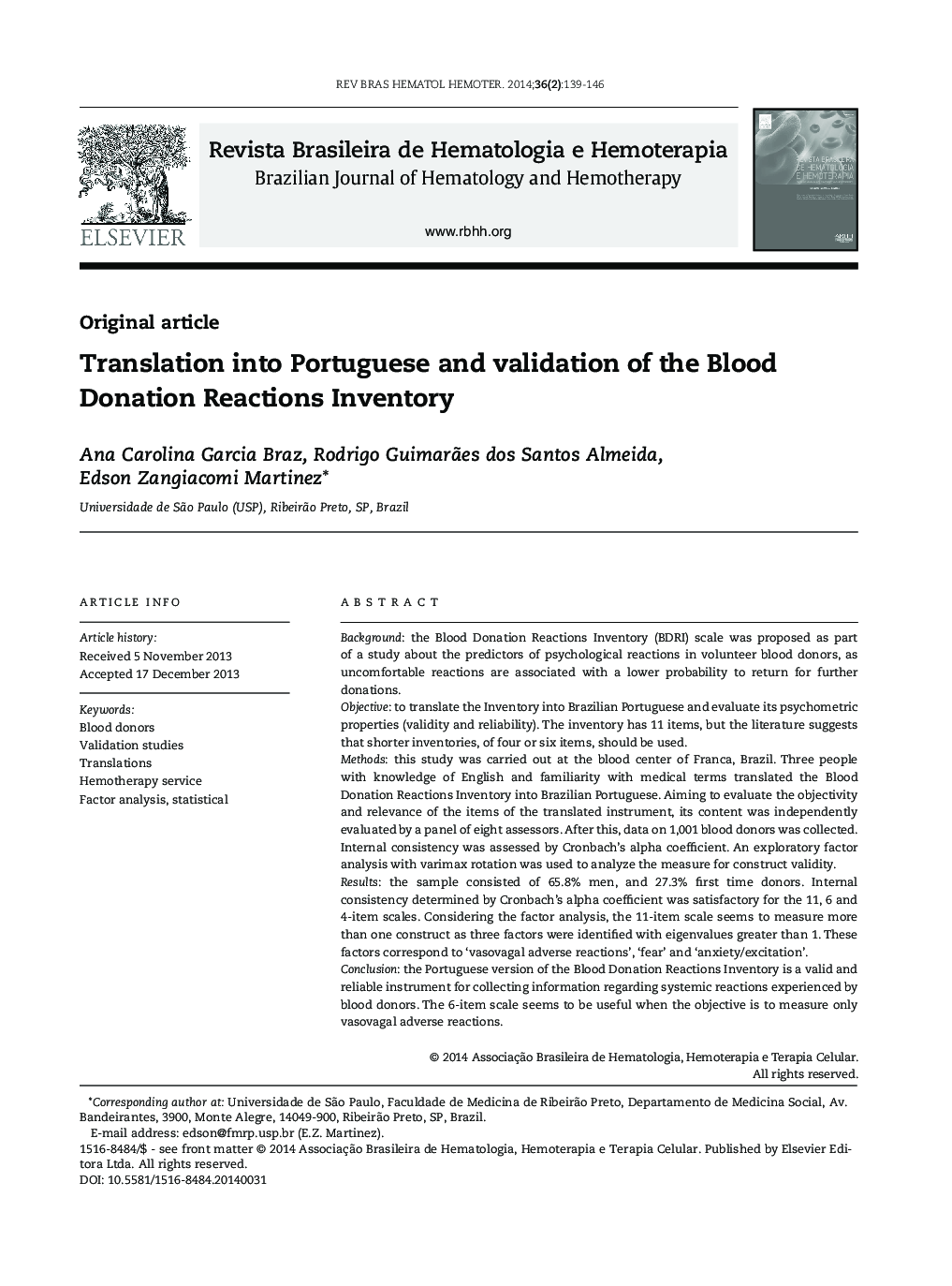 Translation into Portuguese and validation of the Blood Donation Reactions Inventory