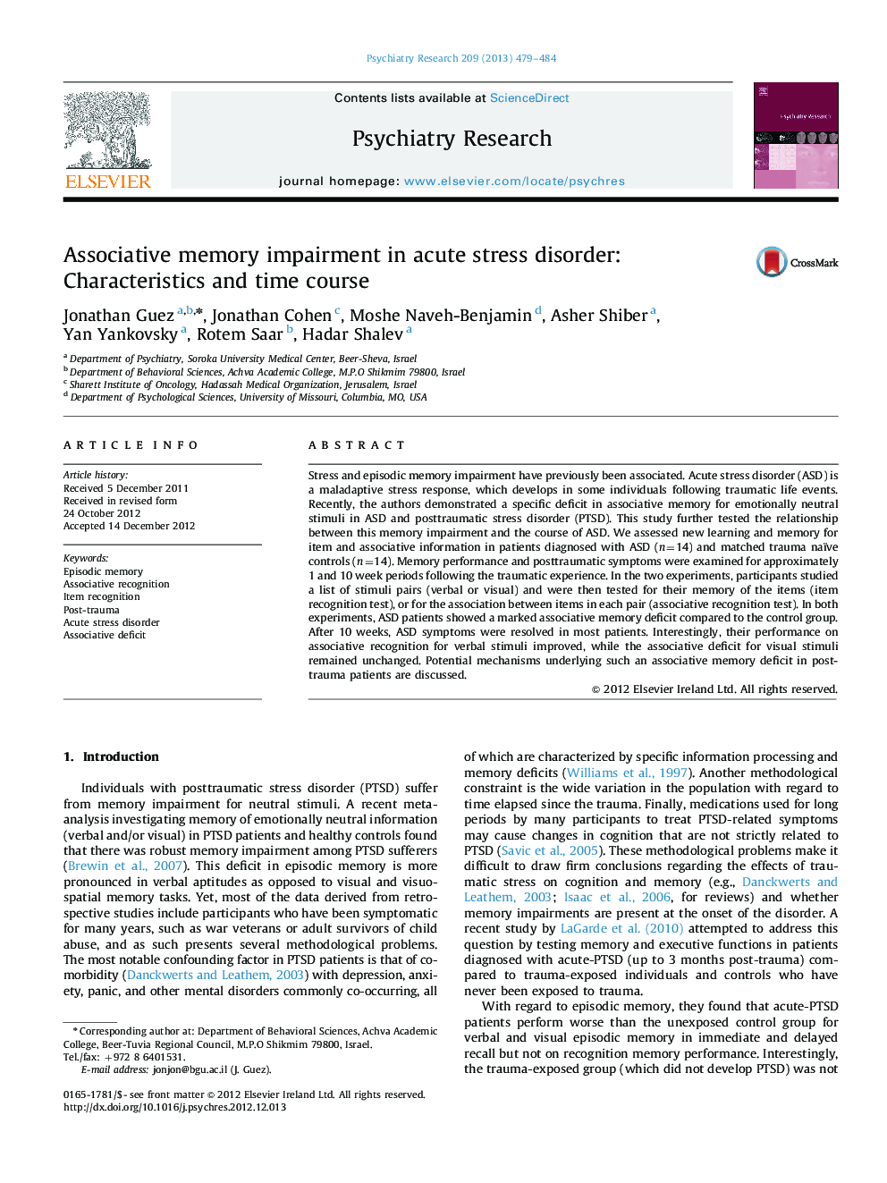 Associative memory impairment in acute stress disorder: Characteristics and time course