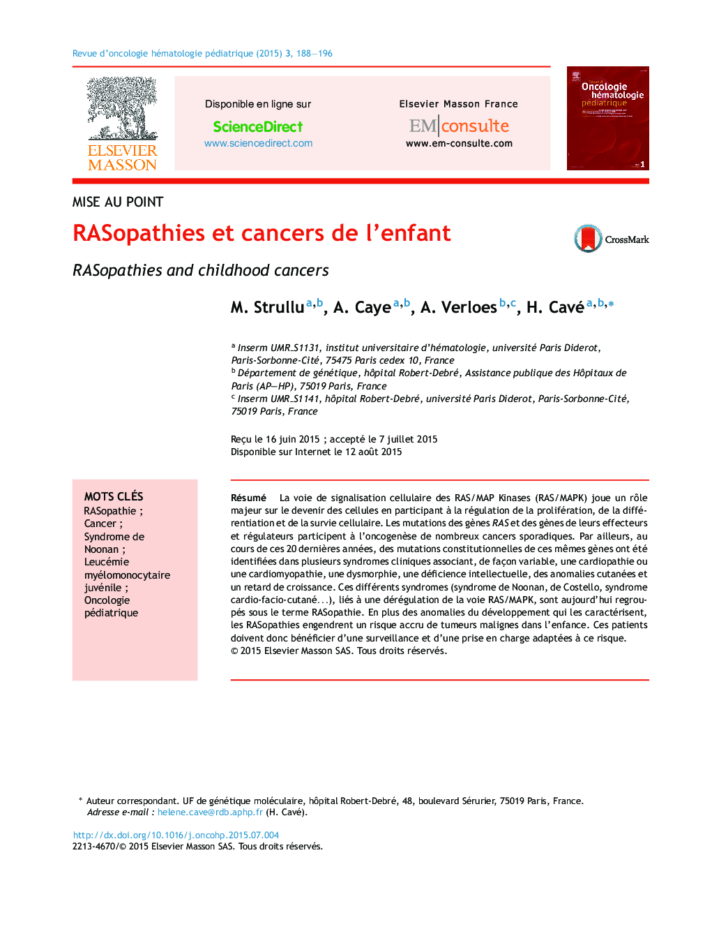 RASopathies et cancers de l'enfant