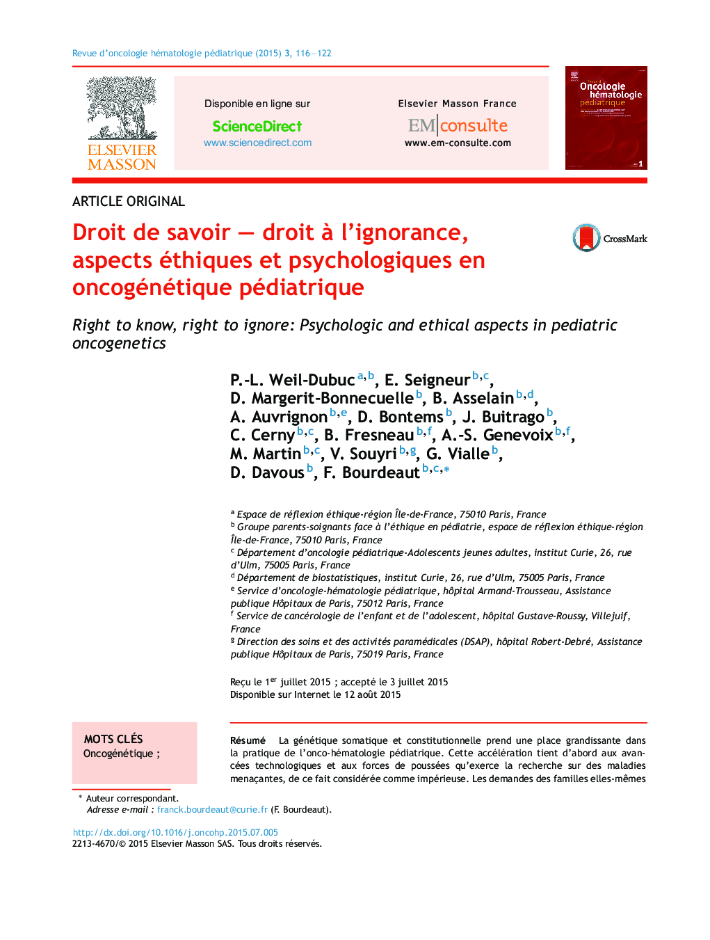 Droit de savoir - droit Ã  l'ignorance, aspects éthiques et psychologiques en oncogénétique pédiatrique