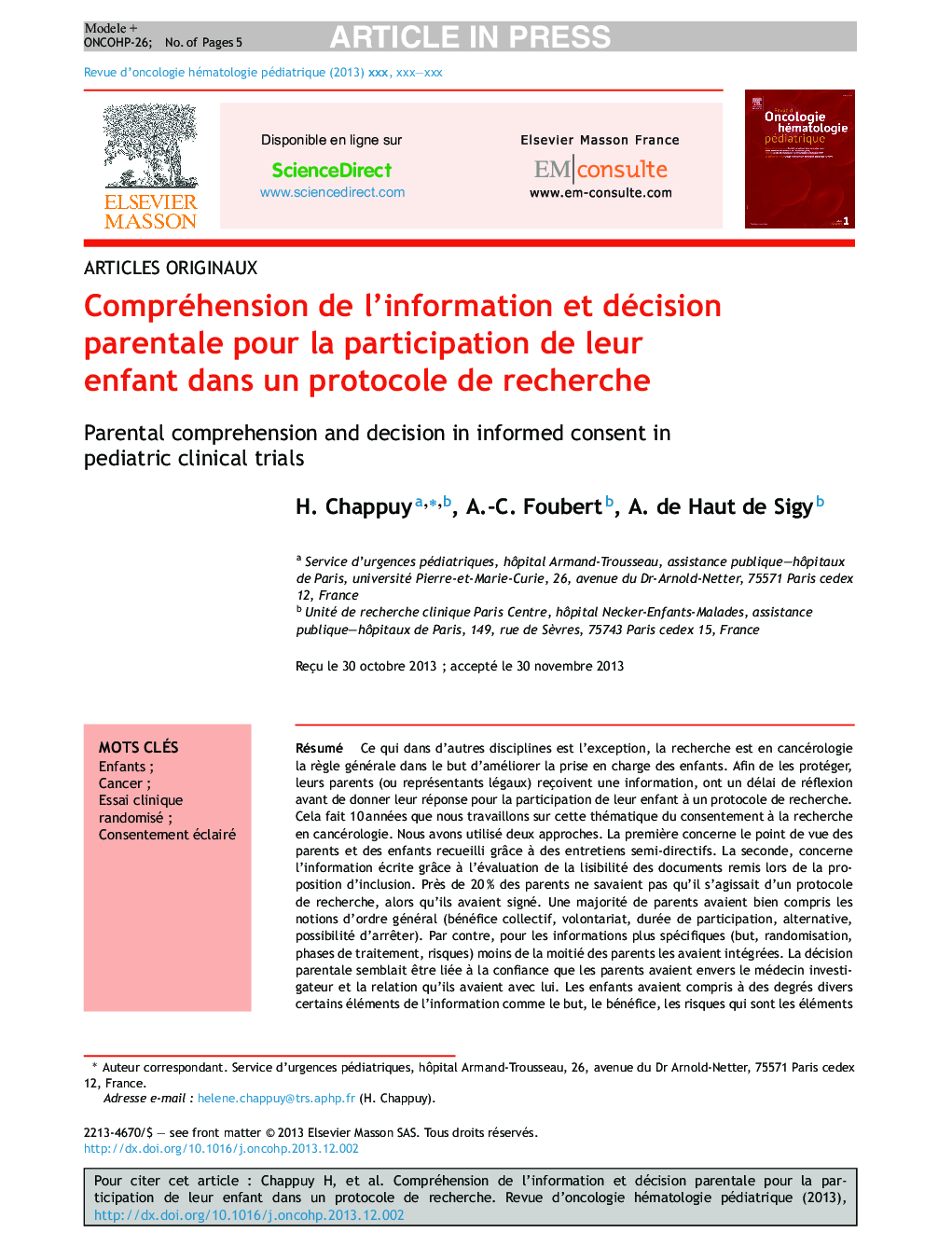 Compréhension de l'information et décision parentale pour la participation de leur enfant dans un protocole de recherche