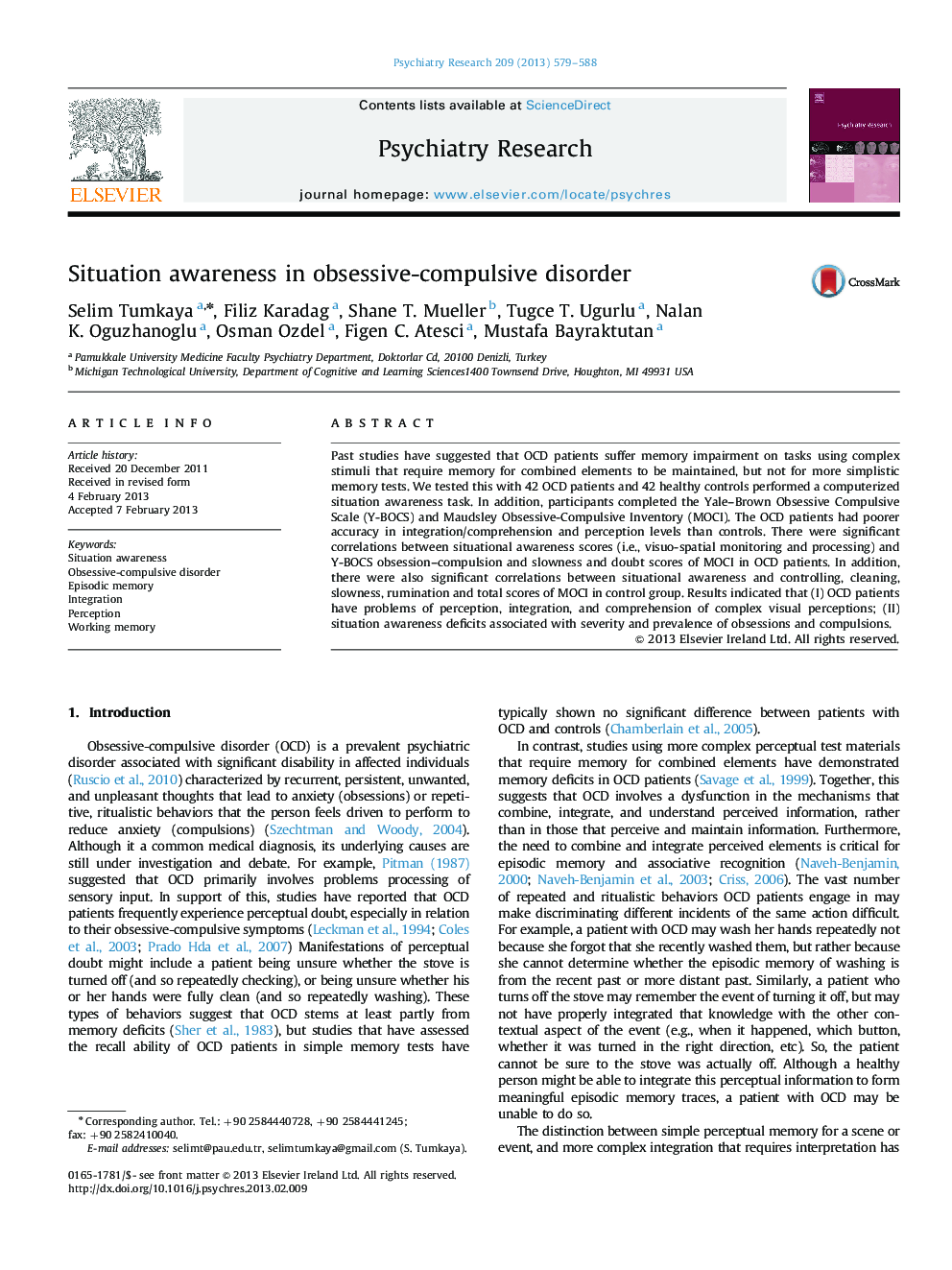 Situation awareness in obsessive-compulsive disorder