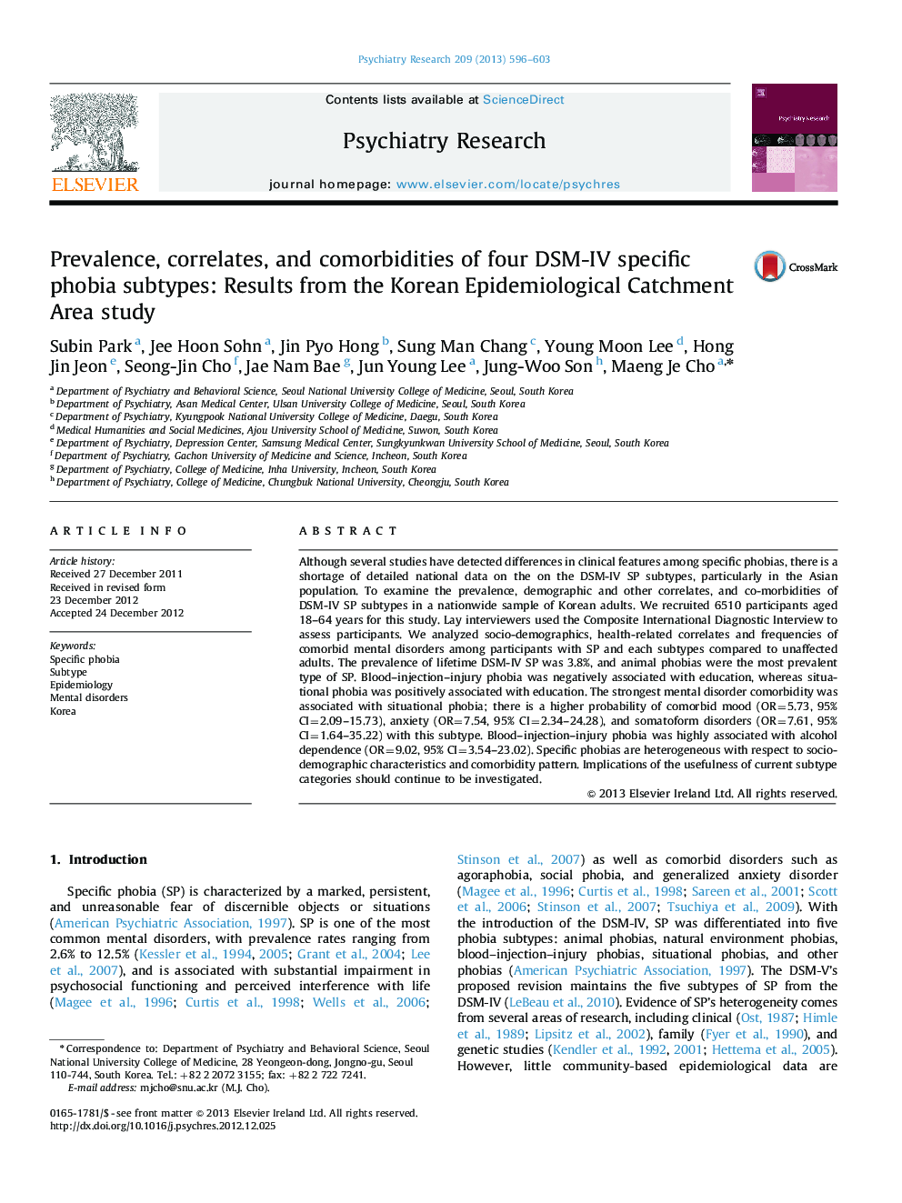 Prevalence, correlates, and comorbidities of four DSM-IV specific phobia subtypes: Results from the Korean Epidemiological Catchment Area study