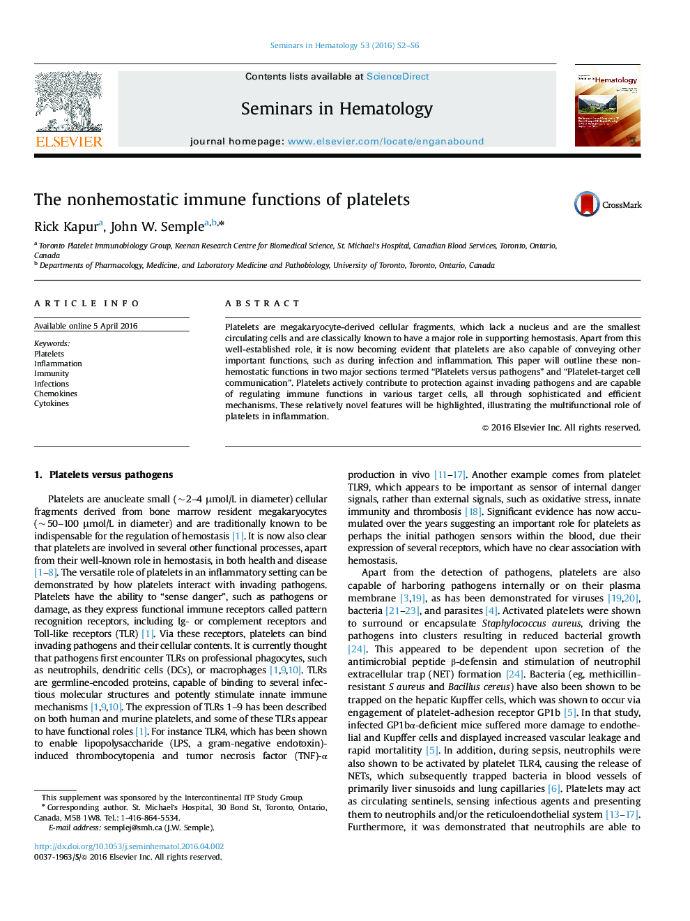 The nonhemostatic immune functions of platelets 