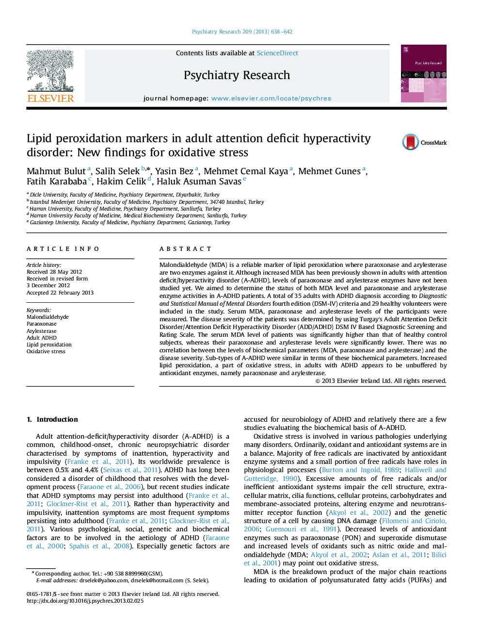 Lipid peroxidation markers in adult attention deficit hyperactivity disorder: New findings for oxidative stress