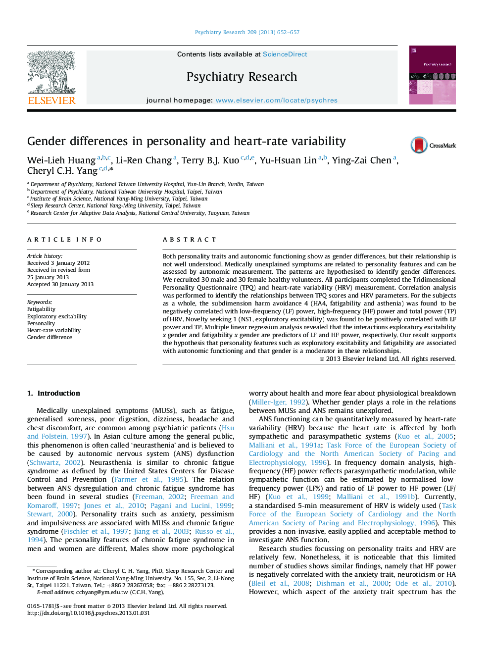 Gender differences in personality and heart-rate variability