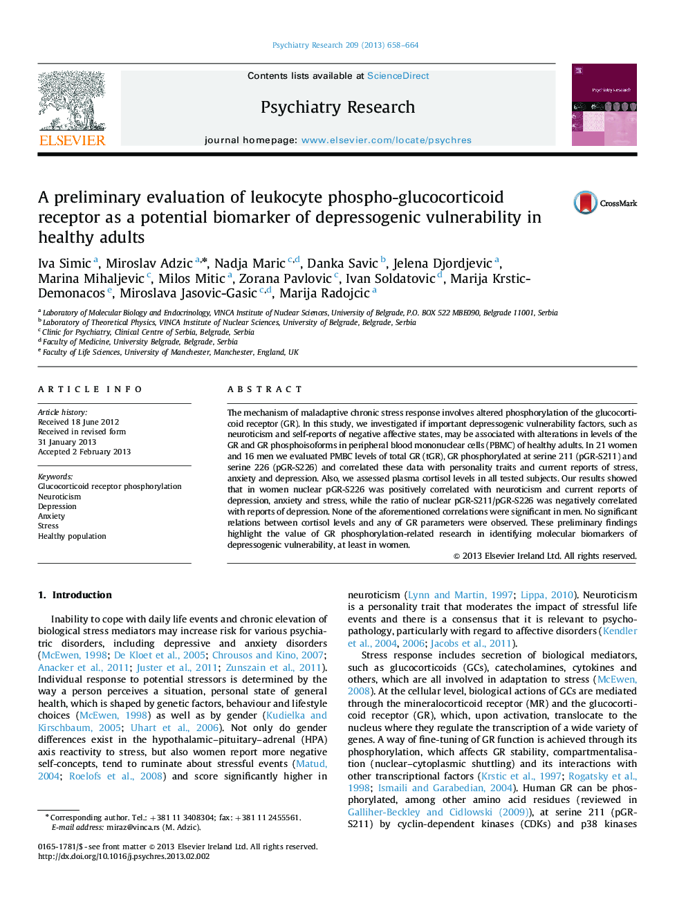 A preliminary evaluation of leukocyte phospho-glucocorticoid receptor as a potential biomarker of depressogenic vulnerability in healthy adults