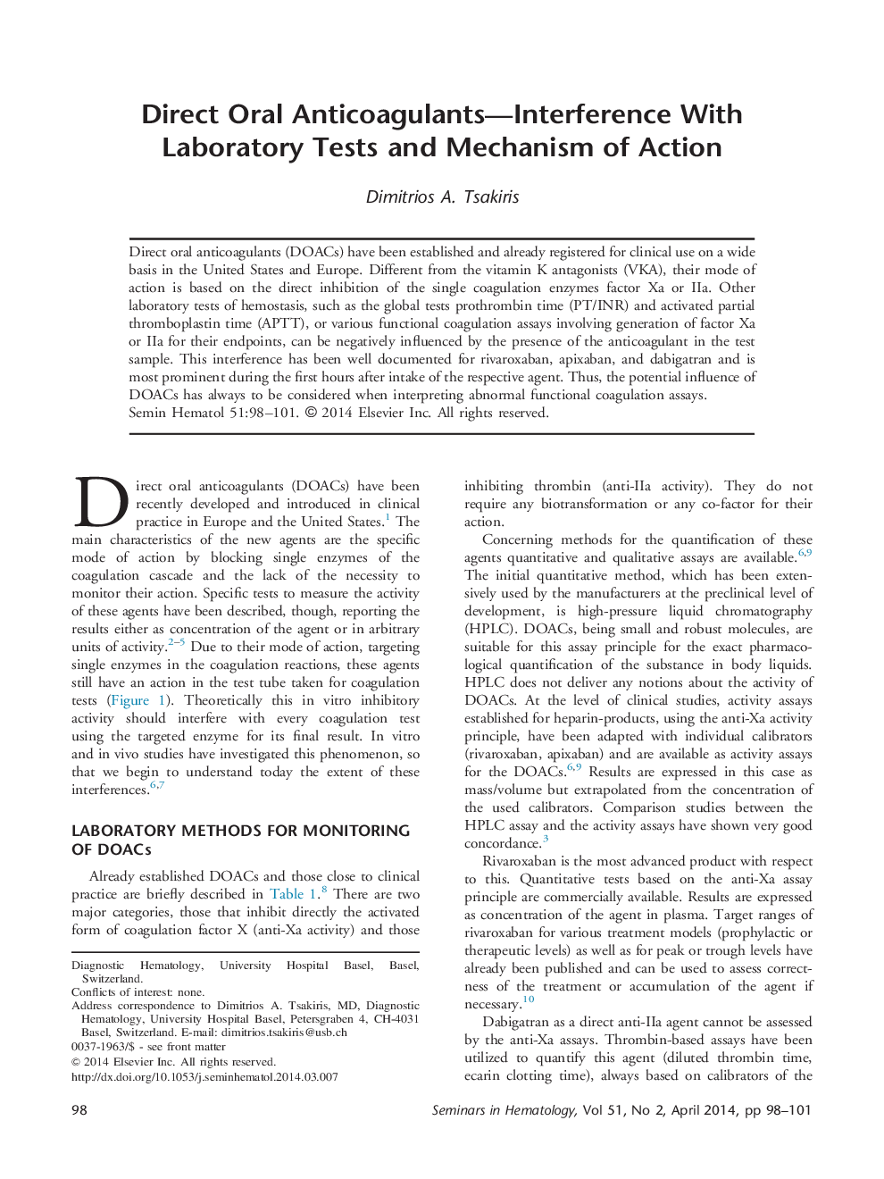 Direct Oral Anticoagulants—Interference With Laboratory Tests and Mechanism of Action 