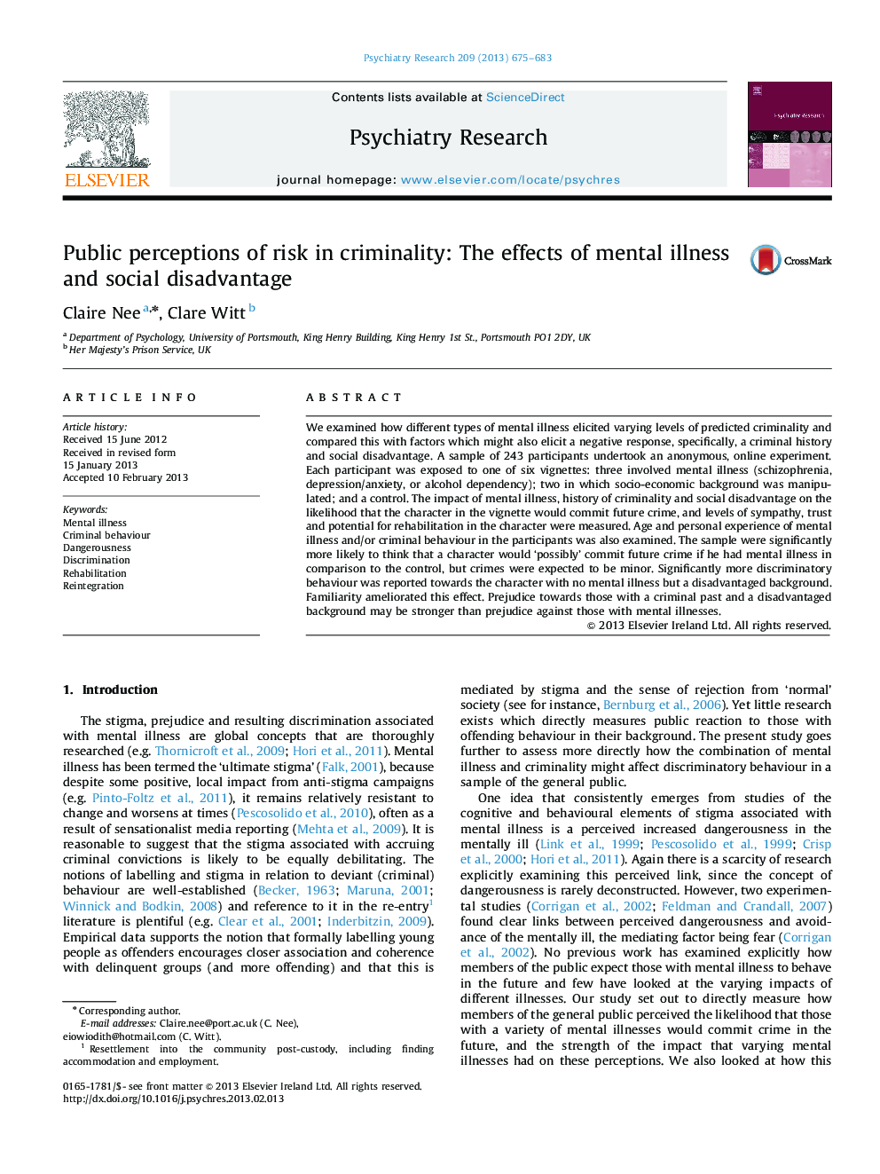 Public perceptions of risk in criminality: The effects of mental illness and social disadvantage