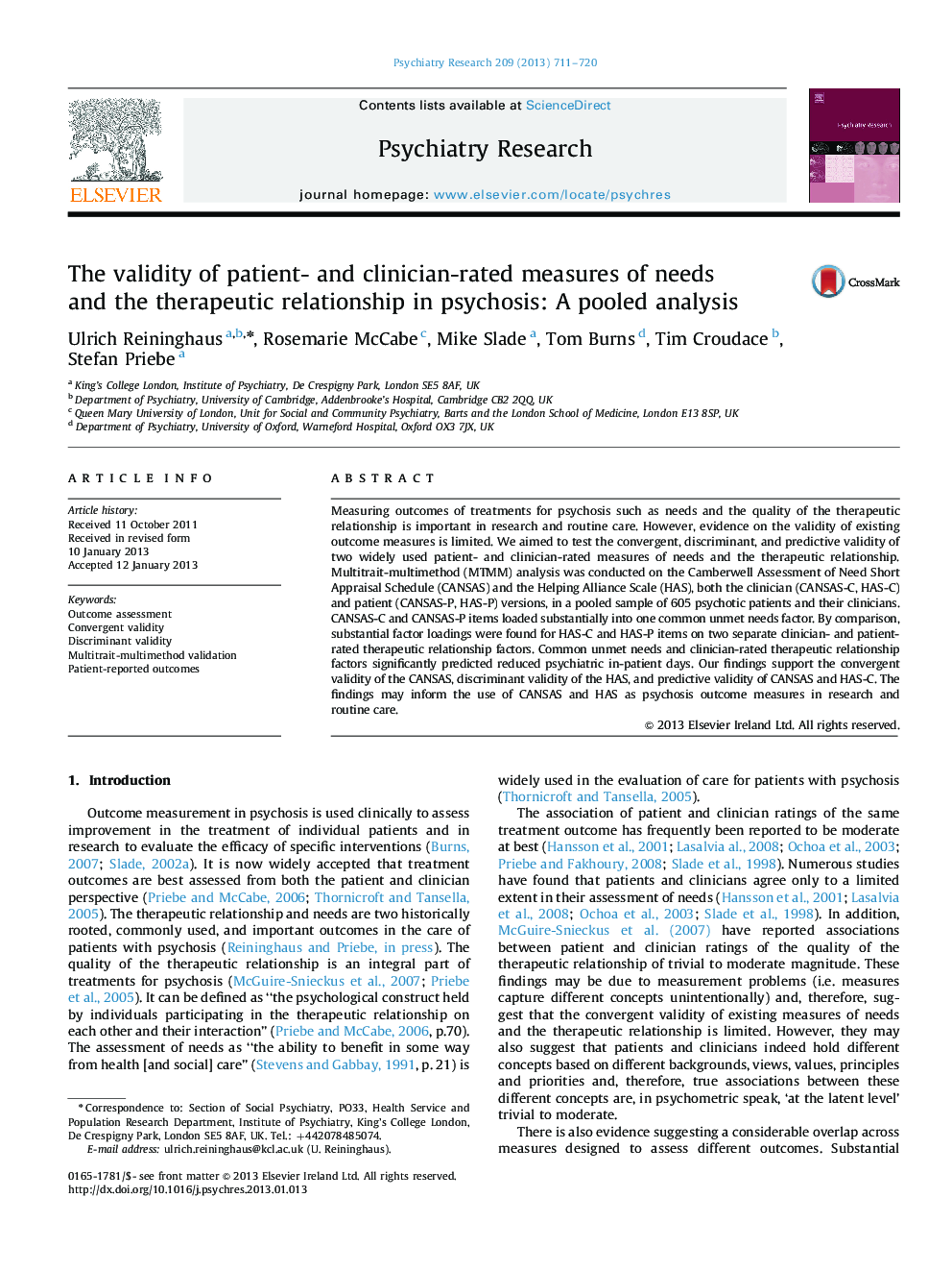 The validity of patient- and clinician-rated measures of needs and the therapeutic relationship in psychosis: A pooled analysis