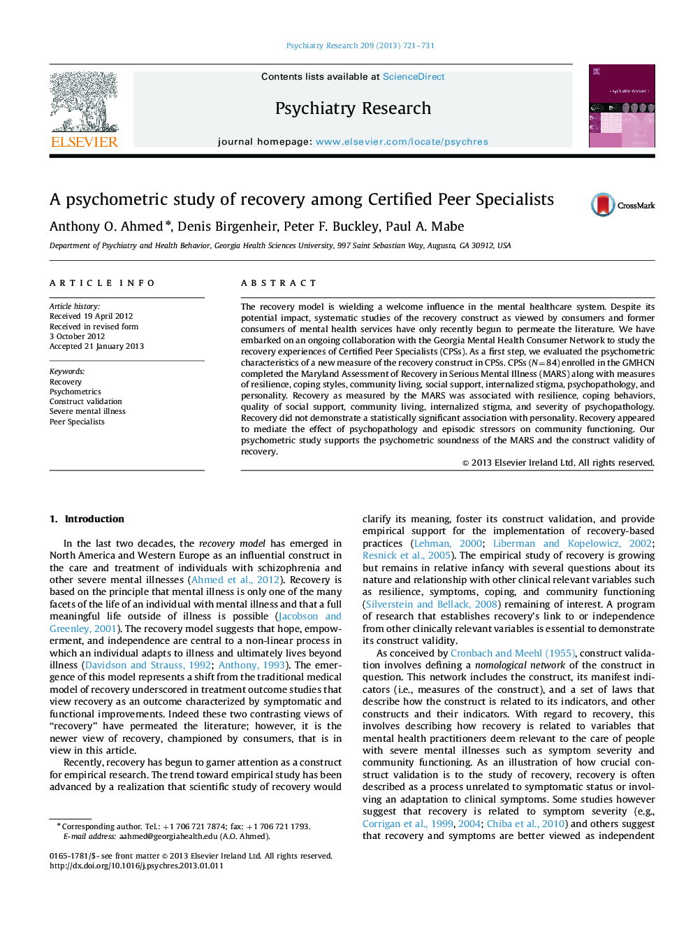 A psychometric study of recovery among Certified Peer Specialists