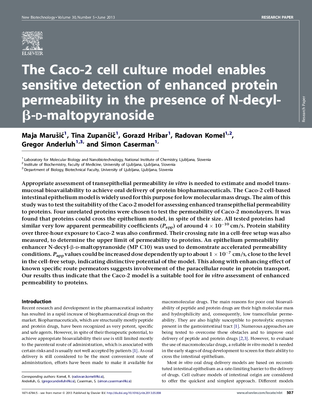 عکس صفحه اول مقاله: The Caco-2 cell culture model enables sensitive detection of enhanced protein permeability in the presence of N-decyl-β-d-maltopyranoside The Caco-2 cell culture model enables sensitive detection of enhanced protein permeability in the presence of N-decyl-β-d-maltopyranoside