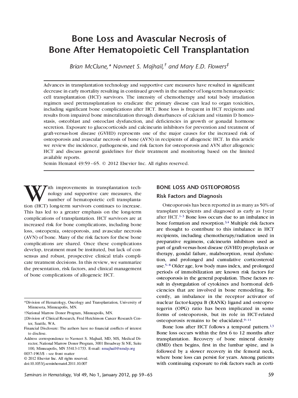 Bone Loss and Avascular Necrosis of Bone After Hematopoietic Cell Transplantation 