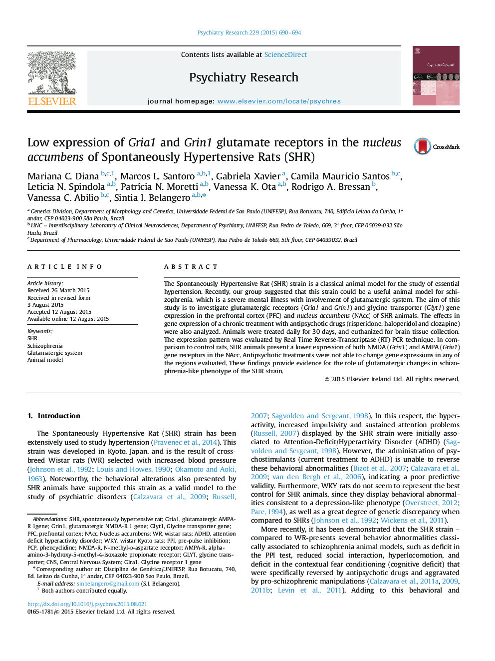 Low expression of Gria1 and Grin1 glutamate receptors in the nucleus accumbens of Spontaneously Hypertensive Rats (SHR)