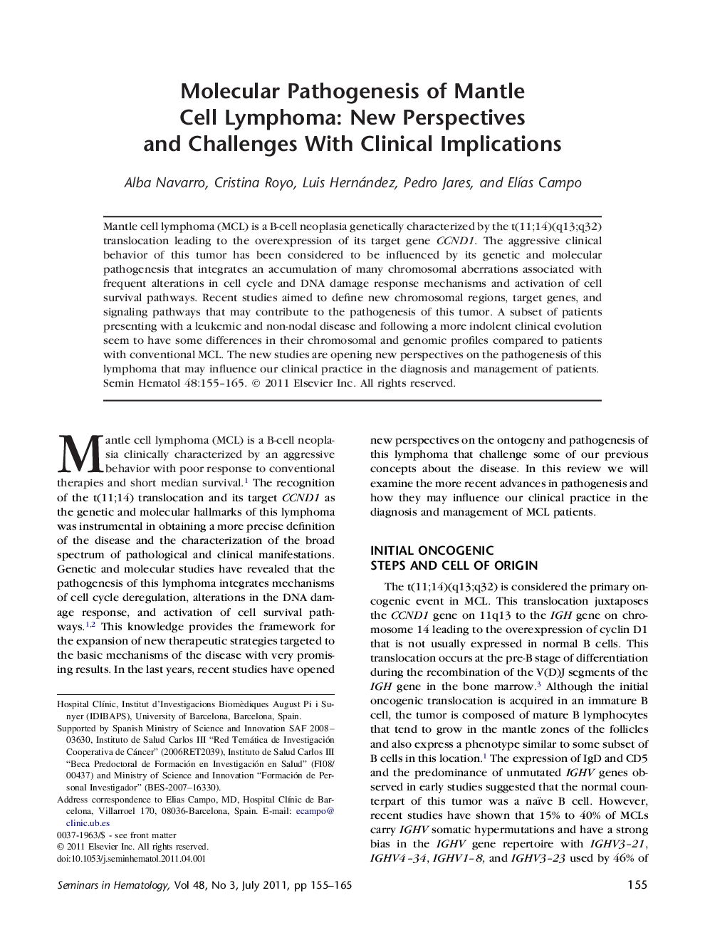 Molecular Pathogenesis of Mantle Cell Lymphoma: New Perspectives and Challenges With Clinical Implications 