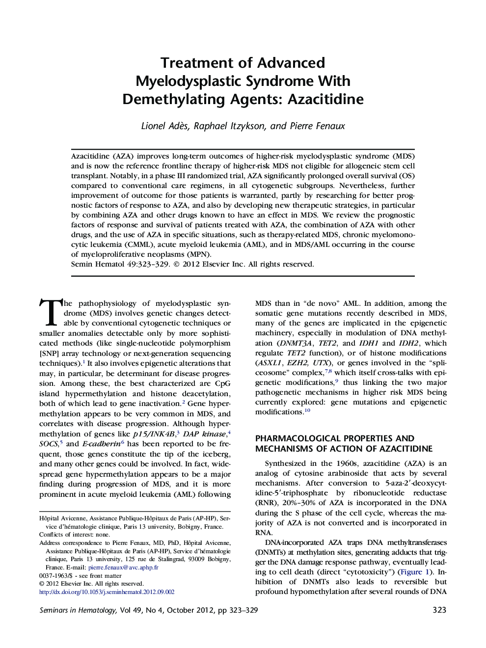 Treatment of Advanced Myelodysplastic Syndrome With Demethylating Agents: Azacitidine 
