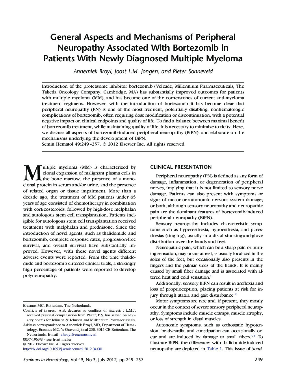 General Aspects and Mechanisms of Peripheral Neuropathy Associated With Bortezomib in Patients With Newly Diagnosed Multiple Myeloma 