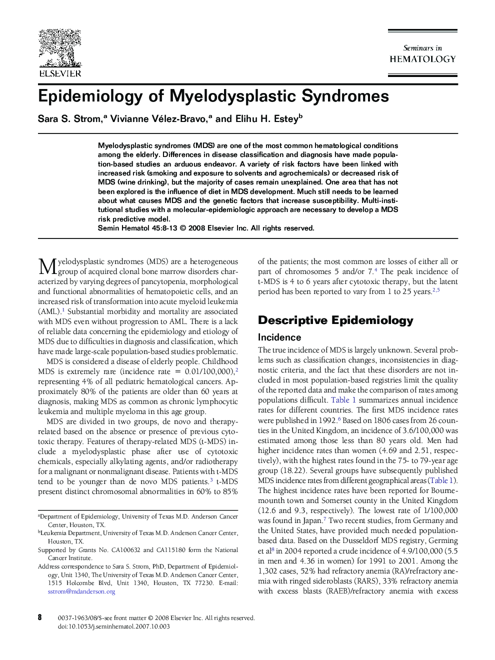 Epidemiology of Myelodysplastic Syndromes