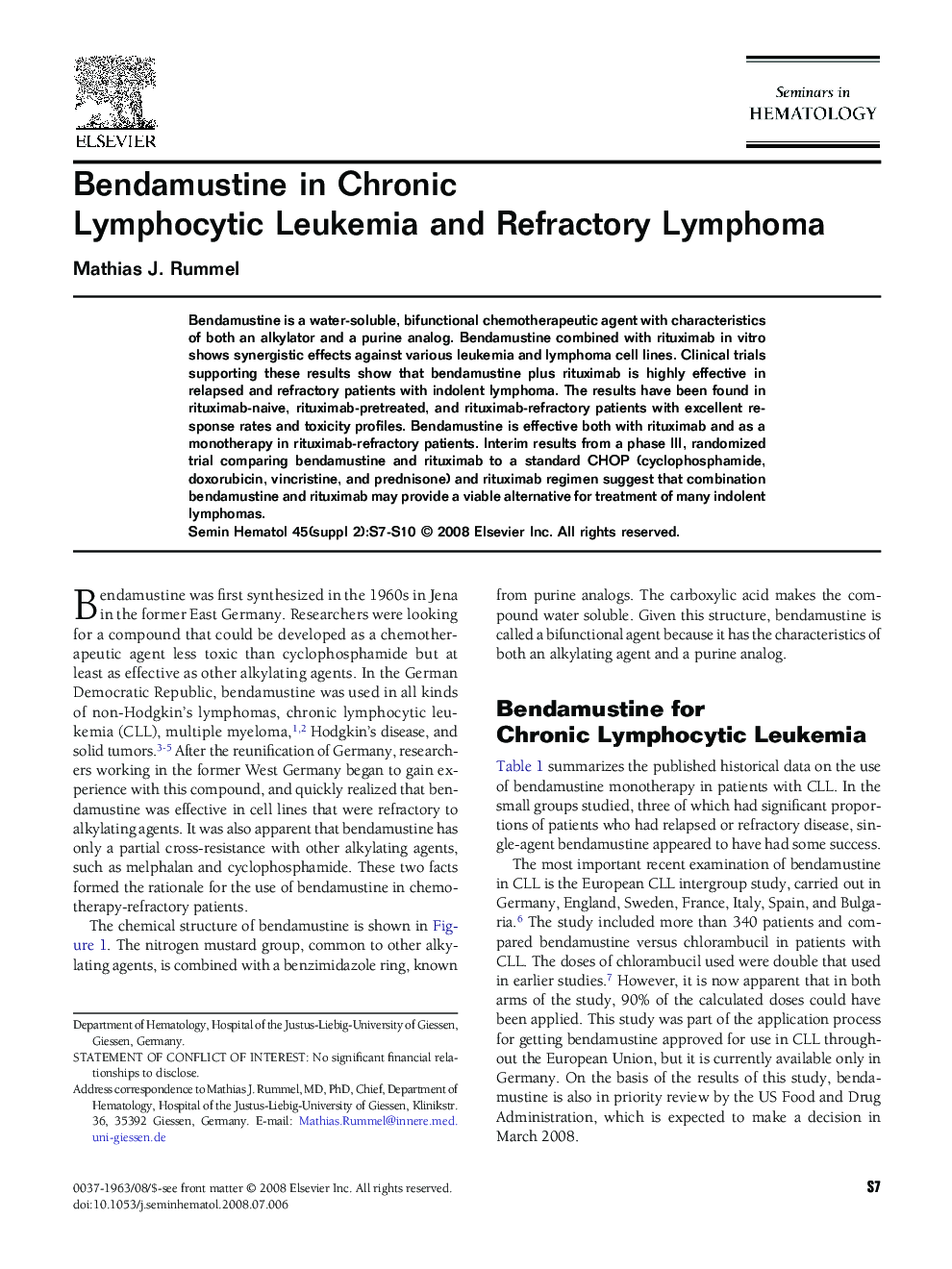 Bendamustine in Chronic Lymphocytic Leukemia and Refractory Lymphoma 