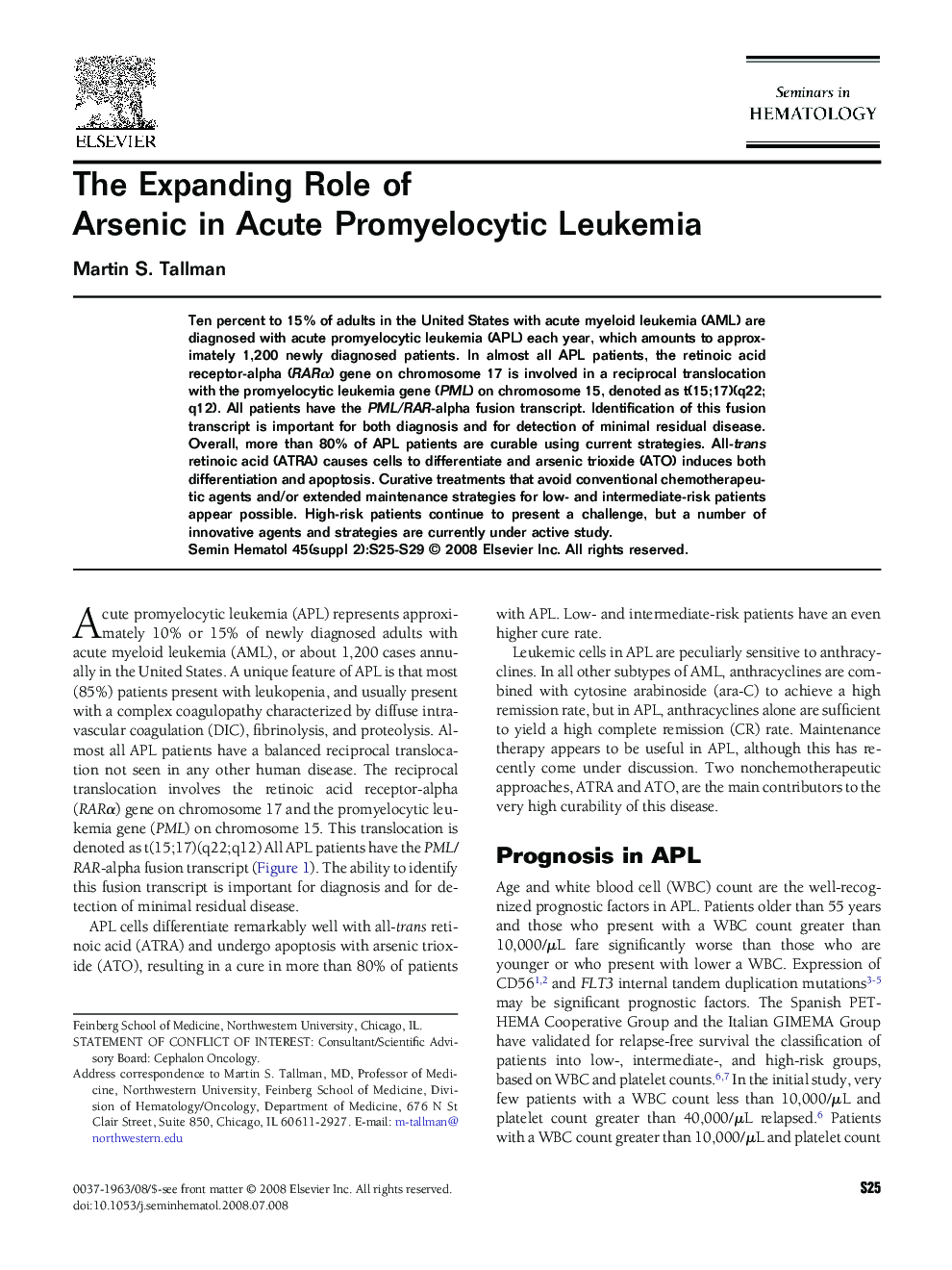 The Expanding Role of Arsenic in Acute Promyelocytic Leukemia 