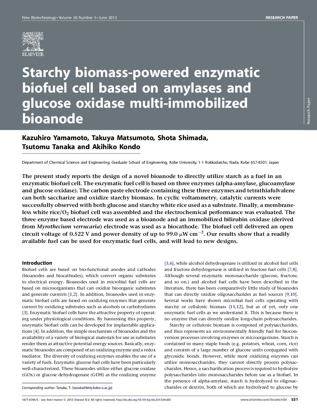 Starchy biomass-powered enzymatic biofuel cell based on amylases and glucose oxidase multi-immobilized bioanode