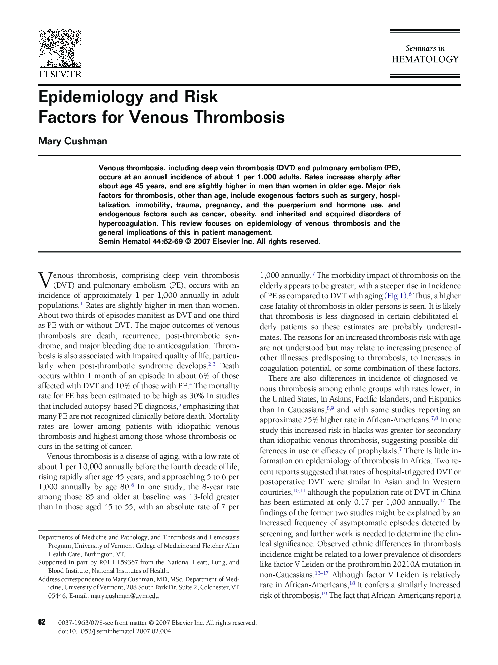 Epidemiology and Risk Factors for Venous Thrombosis