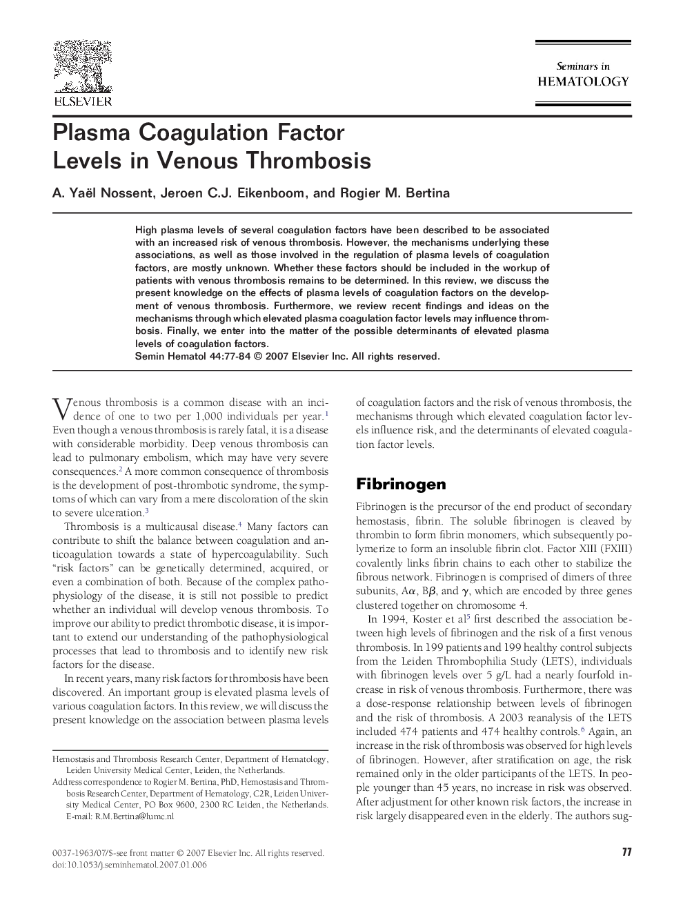 Plasma Coagulation Factor Levels in Venous Thrombosis
