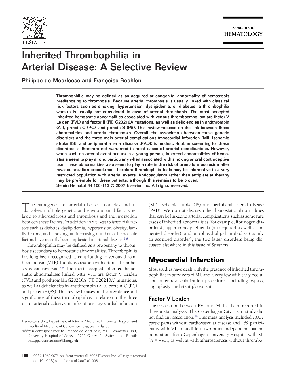 Inherited Thrombophilia in Arterial Disease: A Selective Review