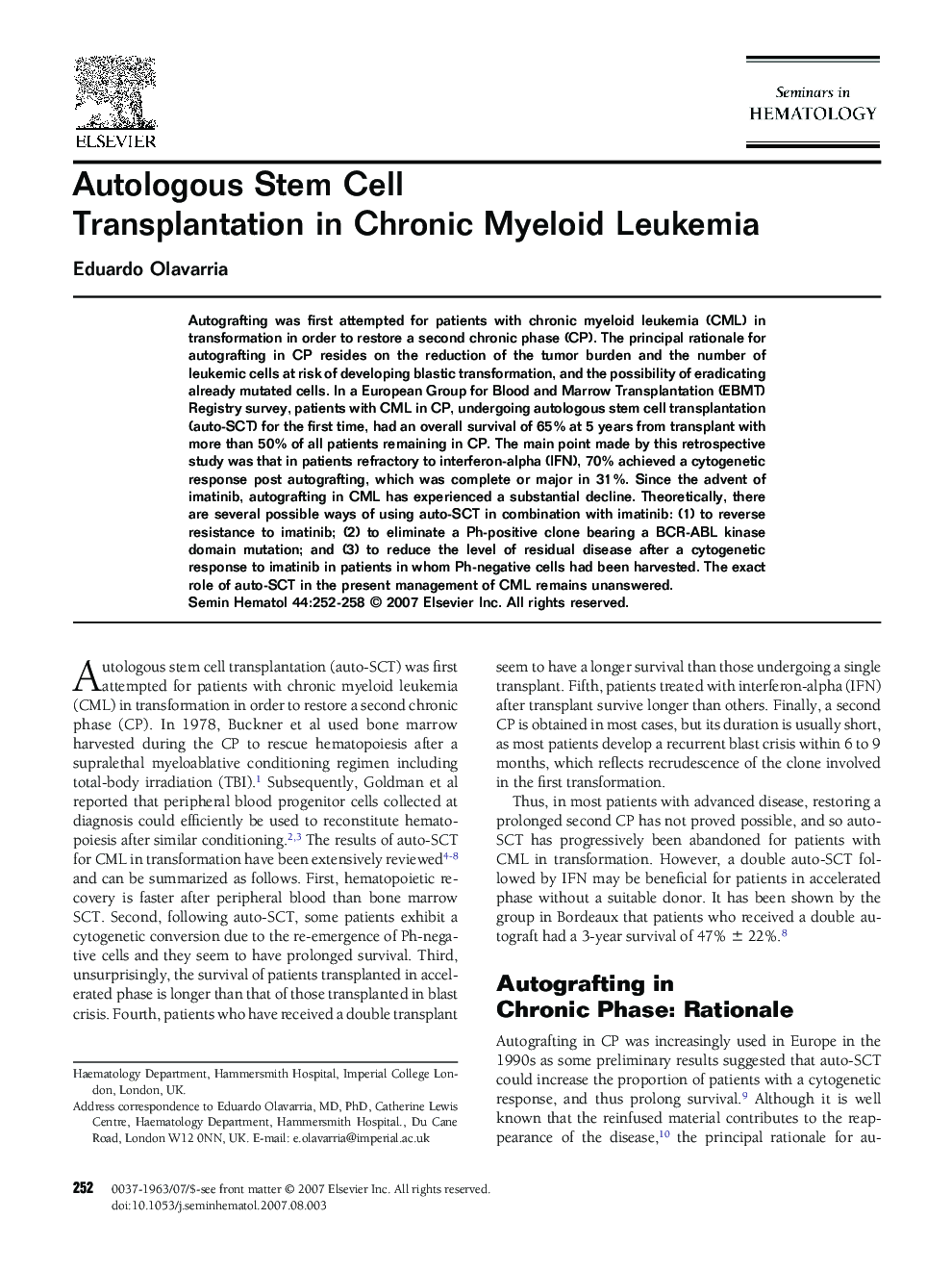 Autologous Stem Cell Transplantation in Chronic Myeloid Leukemia