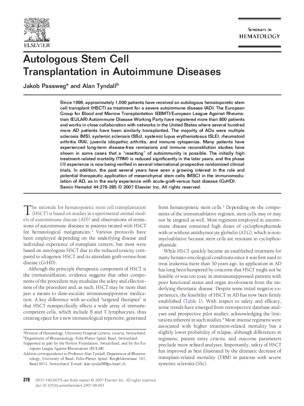 Autologous Stem Cell Transplantation in Autoimmune Diseases